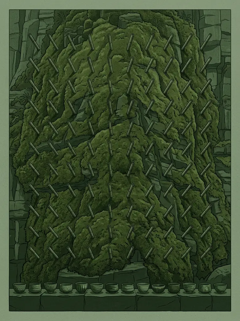 Mossy cliff face with angled bamboo pegs