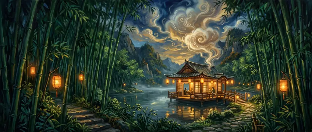 Glowing floating teahouse in bamboo forest
