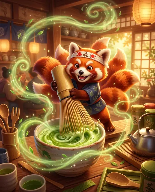 Sen the energetic multi-tailed red panda wielding a giant bamboo whisk